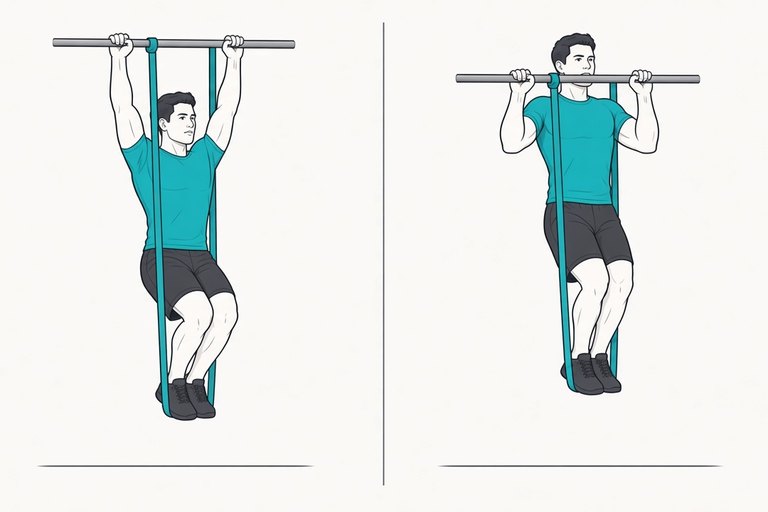 Assisted pull-up with a resistance band: straight-arm hang (left) and chin over the bar (right).