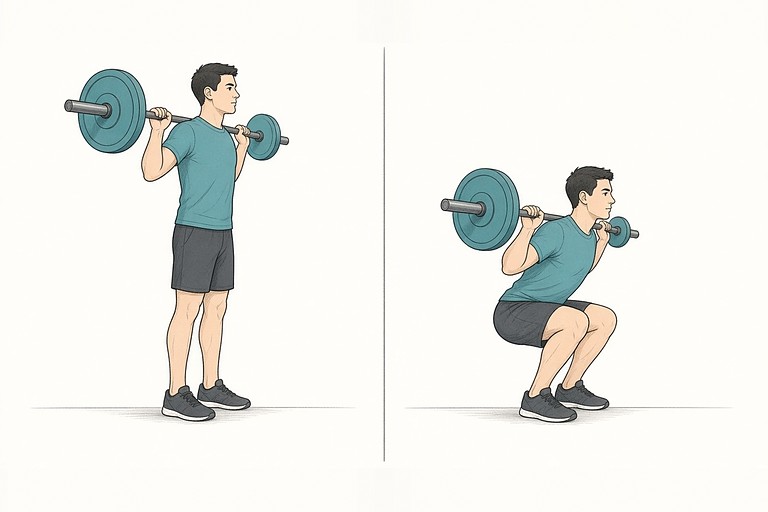 Back squat: illustration of the start (left) and finish (right) positions.
