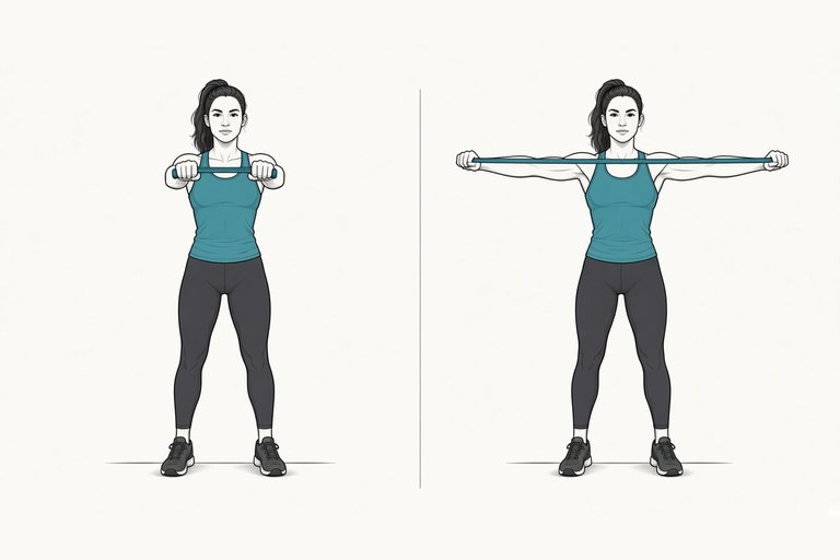 Band pull-apart: arms straight out in front holding the band (left) and band pulled apart, arms out to the sides (right).