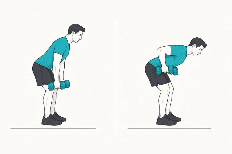 Bent-over dumbbell row: hinged forward, arms hanging (left) and elbows pulled back towards the hips (right).