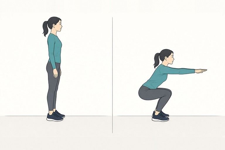 Tempo squat: illustration of the start (left) and finish (right) positions.
