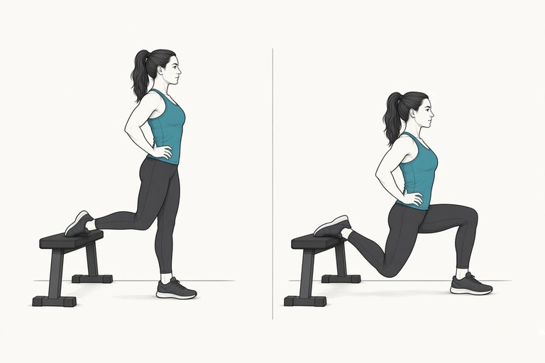Bulgarian split squat, back foot on a bench: standing tall (left) and lowered (right).