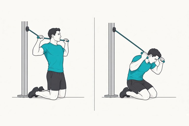 Cable crunch: kneeling tall holding the rope (left) and curled forward (right).