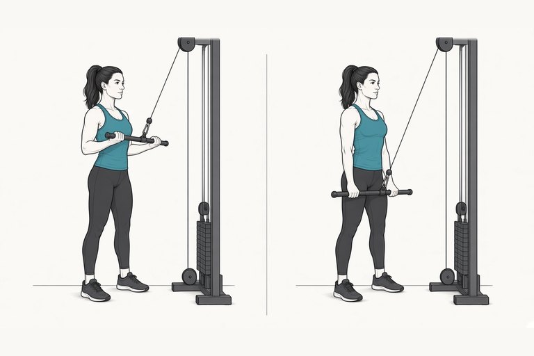 Cable triceps pressdown with a straight bar: forearms level (left) and arms straight down (right).