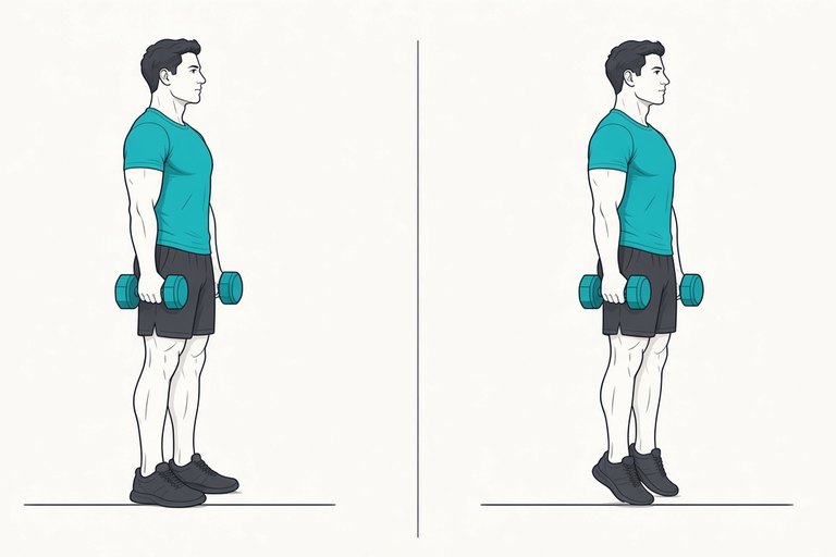 Standing calf raise holding dumbbells: heels down (left) and heels lifted (right).