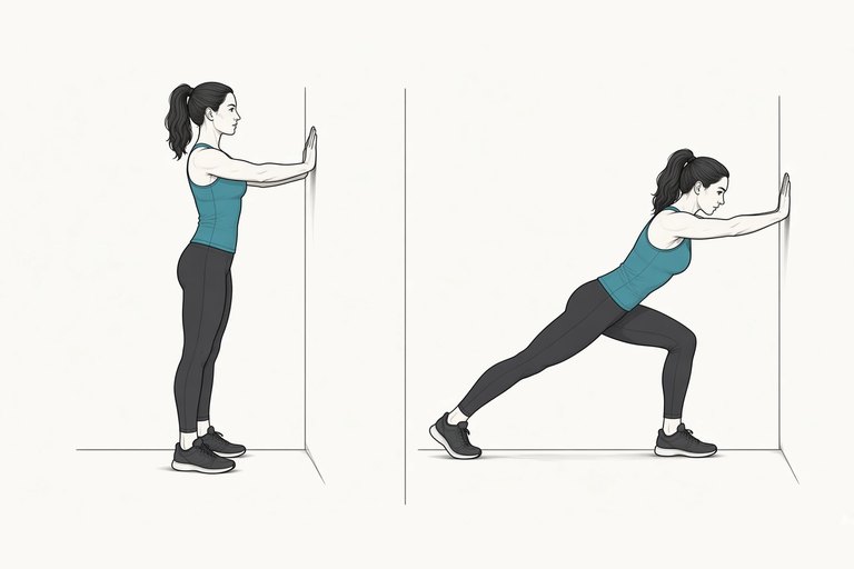 Calf stretch at a wall: hands on the wall (left) and one leg stepped back straight, heel down (right).