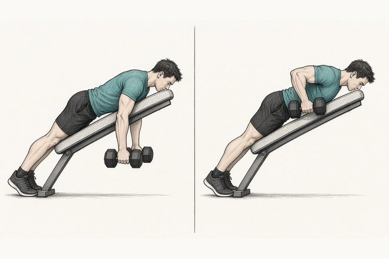 Chest-supported row on an incline bench: arms hanging straight (left) and dumbbells pulled up towards the ribs (right).