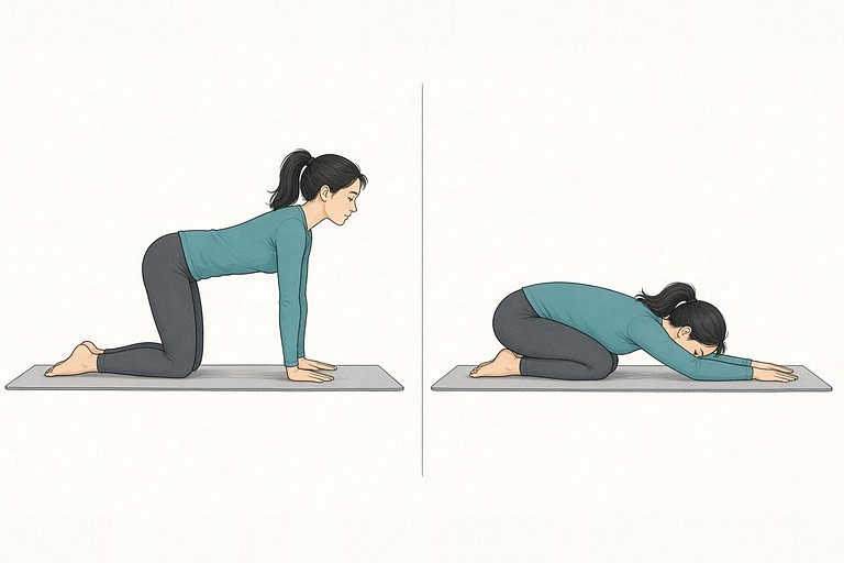 Child’s pose: start on hands and knees (left) and the resting pose (right).