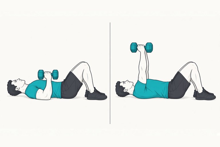 Close-grip floor press: weights lowered, upper arms on the floor (left) and pressed up to straight arms (right).
