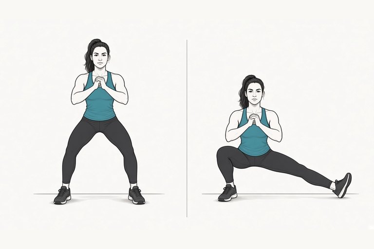 Cossack squat: wide stance (left) and shifted to one side, other leg straight with the toes up (right).