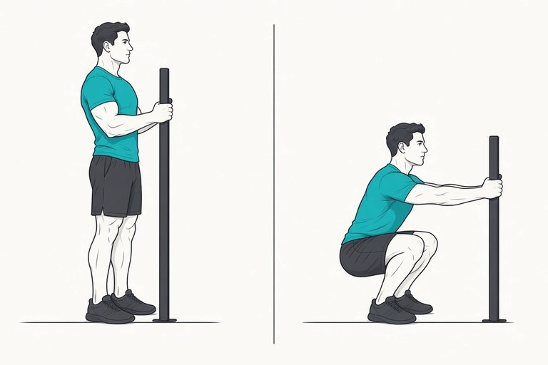 Deep squat hold, holding a post: standing (left) and in the deep squat (right).