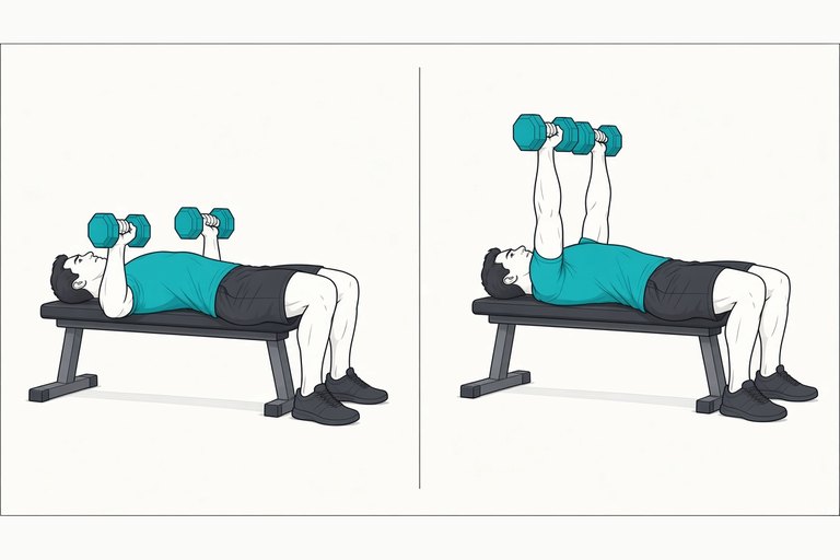 Dumbbell bench press: start with the dumbbells lowered to the sides of the chest (left) and finish with the arms pressed up over the chest (right).