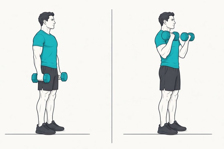Dumbbell curl: arms straight by the sides (left) and weights curled up towards the shoulders (right).