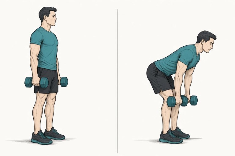 Romanian deadlift with dumbbells: standing tall (left) and hips pushed back, weights lowered to around the knees (right).