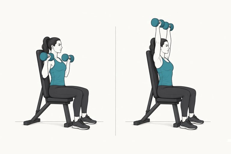 Seated dumbbell shoulder press: dumbbells at shoulder height (left) and pressed overhead (right).