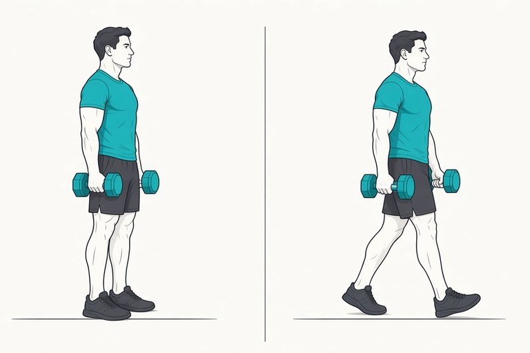 Farmer carry: standing tall with a dumbbell in each hand (left) and walking (right).