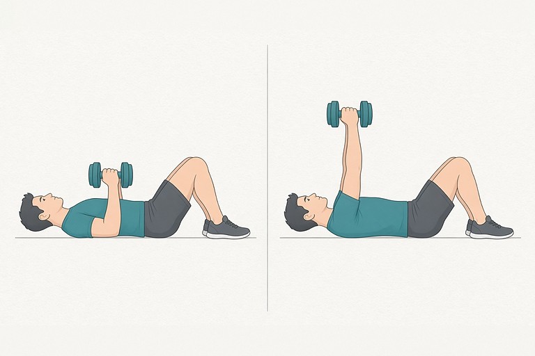 Floor press: dumbbells lowered, upper arms on the floor, elbows about 45° from the body (left) and pressed up over the chest (right).