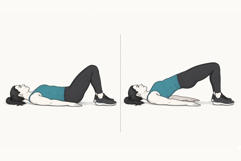 Glute bridge: lying with knees bent and hips down (left) and hips lifted in line with the shoulders and knees (right).