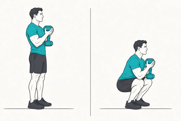 Goblet squat: illustration of the start (left) and finish (right) positions.