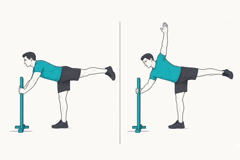 Hip airplanes, holding a post: hinged forward on one leg (left) and hips and chest turned open towards the ceiling (right).