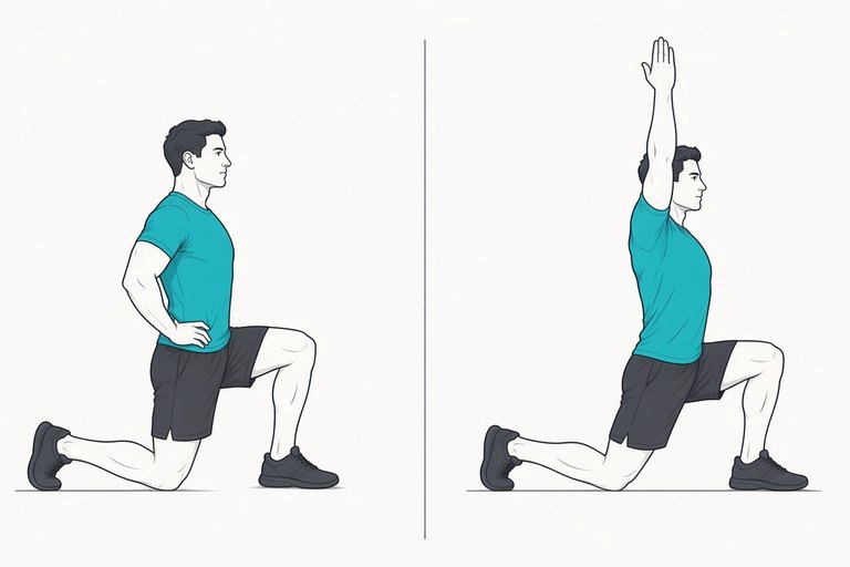 Hip flexor stretch: half-kneeling start (left) and the stretch with the arm reaching overhead (right).