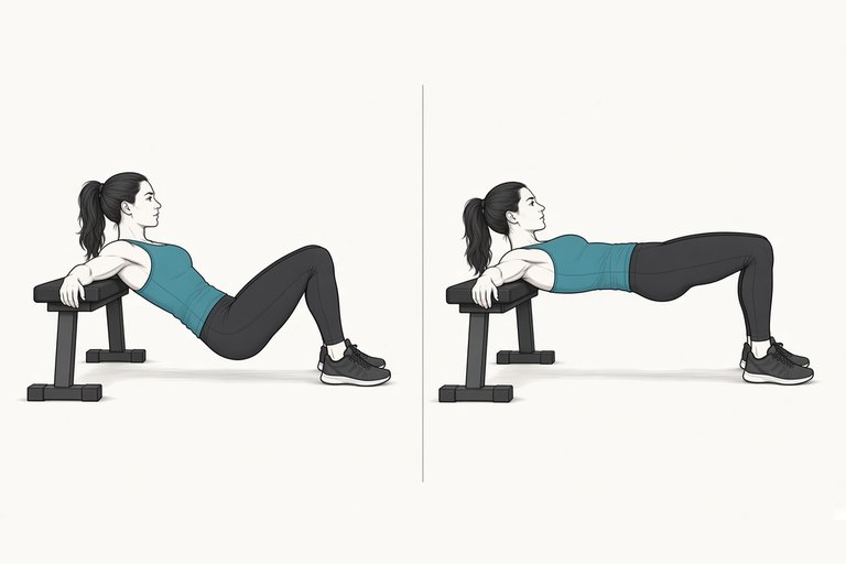 Hip thrust: illustration of the start (left) and finish (right) positions.