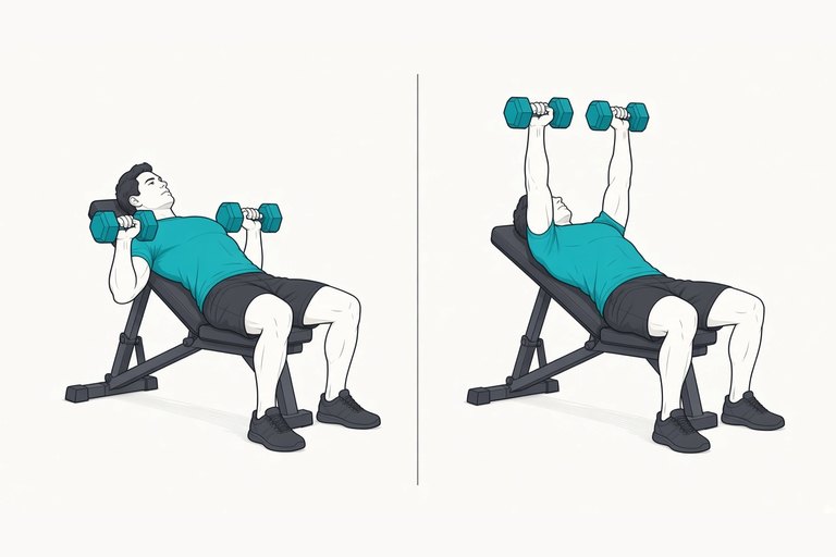Incline dumbbell press: dumbbells lowered to the sides of the upper chest (left) and pressed up over the chest (right).