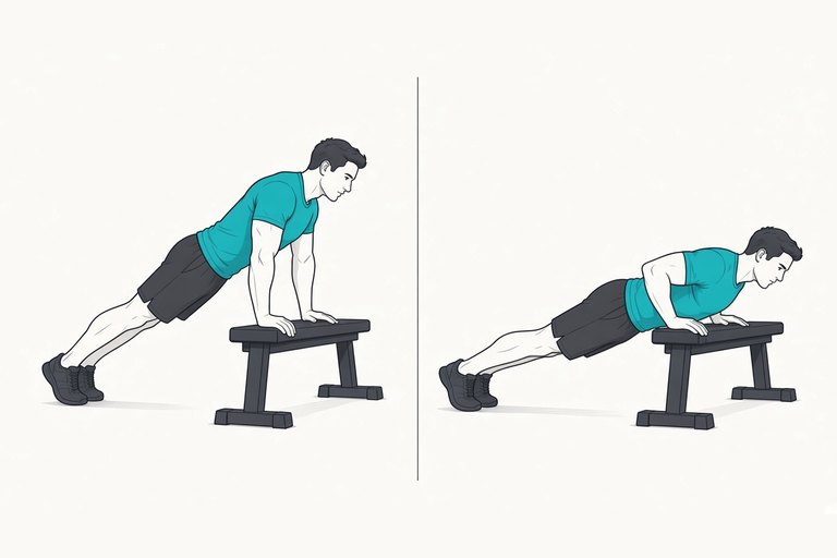 Incline push-up on a bench: arms straight (left) and chest lowered to the bench (right).