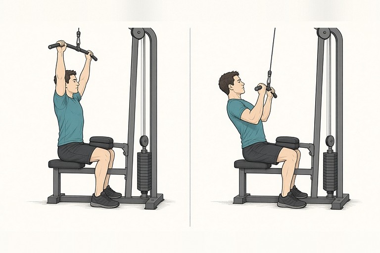 Lat pulldown: illustration of the start (left) and finish (right) positions.