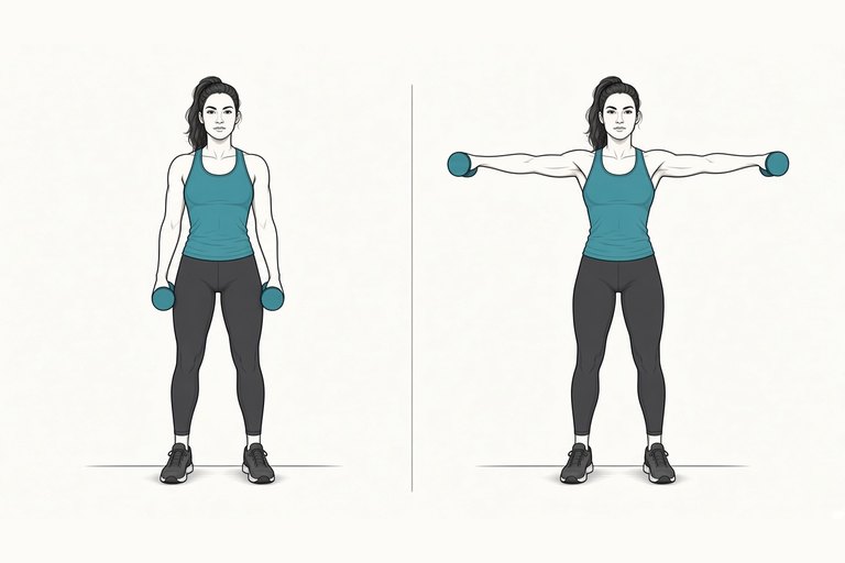 Lateral raise: arms by the sides (left) and arms raised out to shoulder height (right).