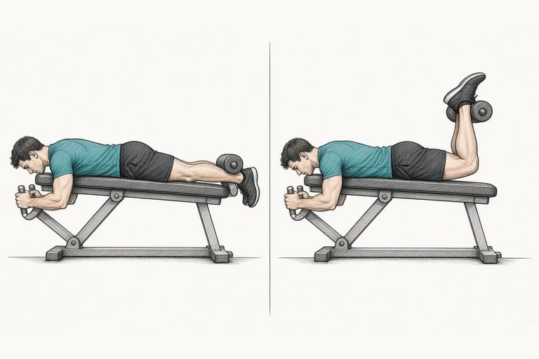 Lying leg curl, shown with a light dumbbell between the feet: legs straight (left) and knees bent (right).
