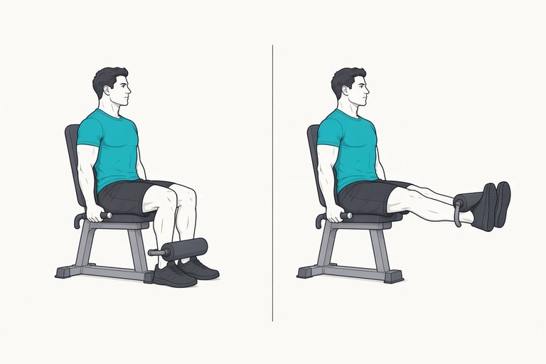 Leg extension machine: knees bent, roller on the lower shins (left) and legs straightened (right).