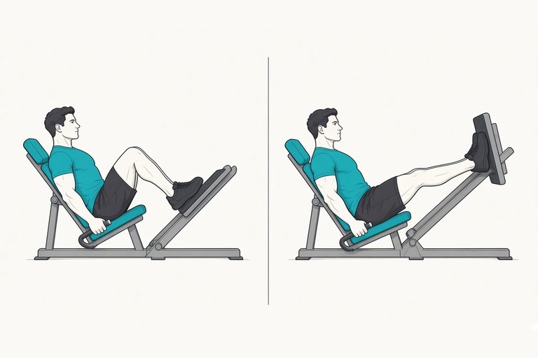 Leg press: lowered position (left) and pressed out with soft knees (right).