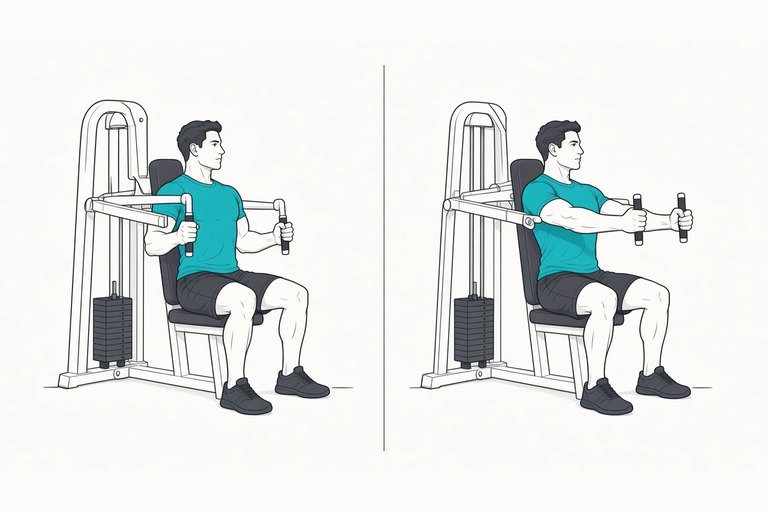 Seated chest press machine: handles beside the chest (left) and handles pushed forward (right).