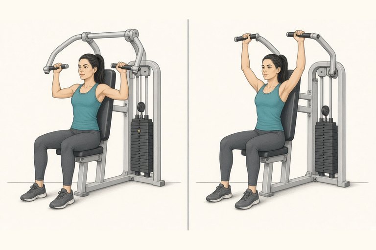 Seated shoulder press machine: handles at shoulder height (left) and pressed overhead (right).