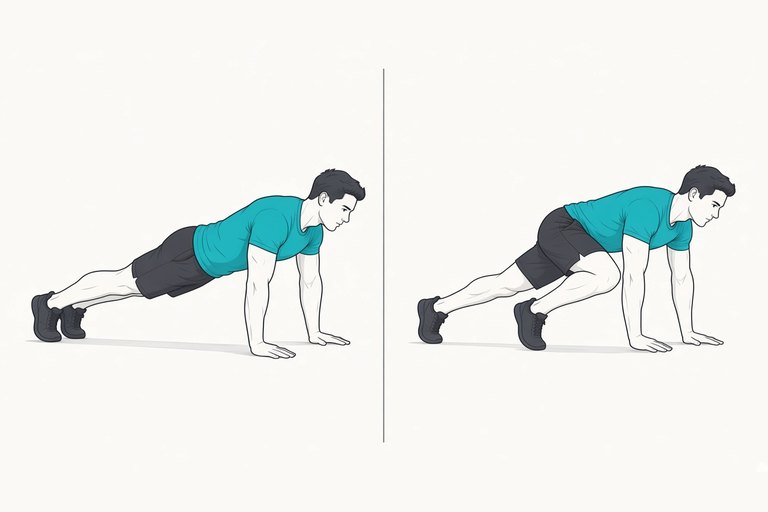 Slow mountain climber: high plank (left) and one knee drawn in towards the chest (right).