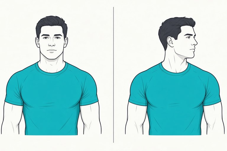 Neck turns: looking straight ahead (left) and head turned to look over one shoulder (right).