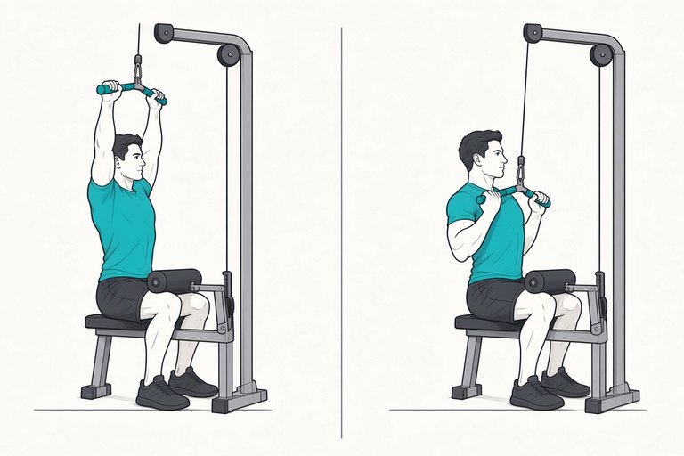 Neutral-grip pulldown: arms reaching up to the handle (left) and handle pulled to the upper chest (right).
