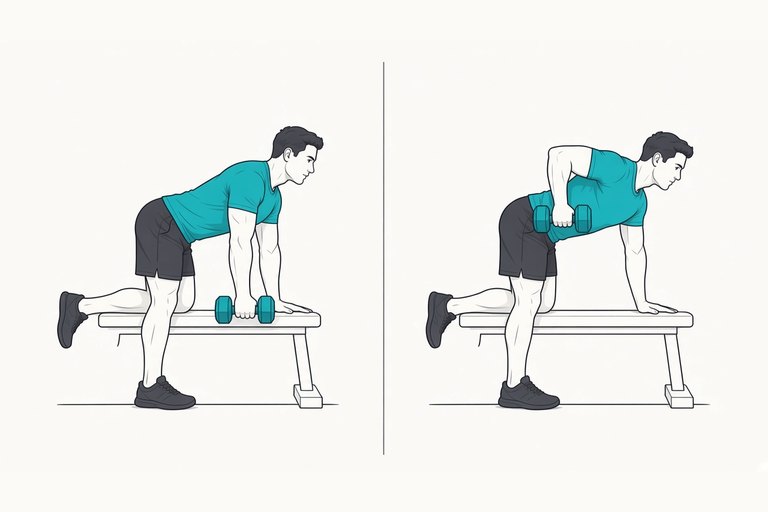 One-arm dumbbell row, knee and hand on a bench: arm hanging straight (left) and dumbbell pulled up to the hip (right).