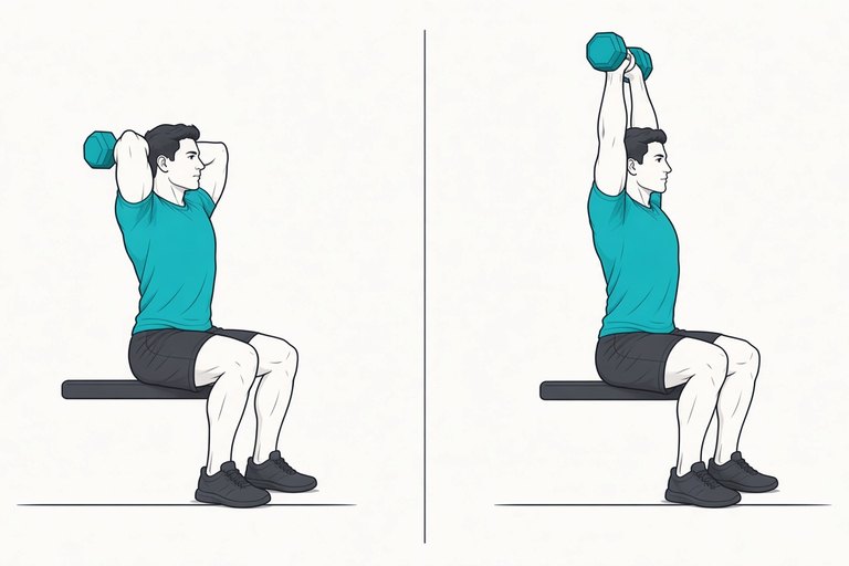 Overhead triceps extension: weight lowered behind the head (left) and arms straightened overhead (right).