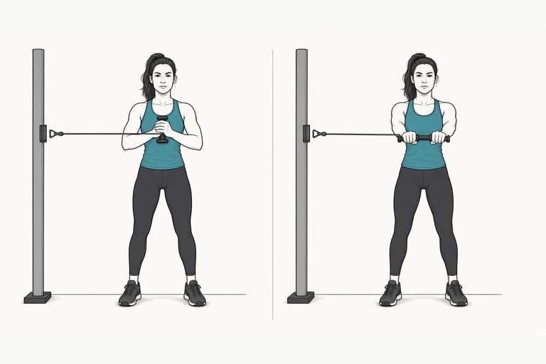 Pallof press, standing side-on to the cable: handle at the chest (left) and pressed straight out (right).
