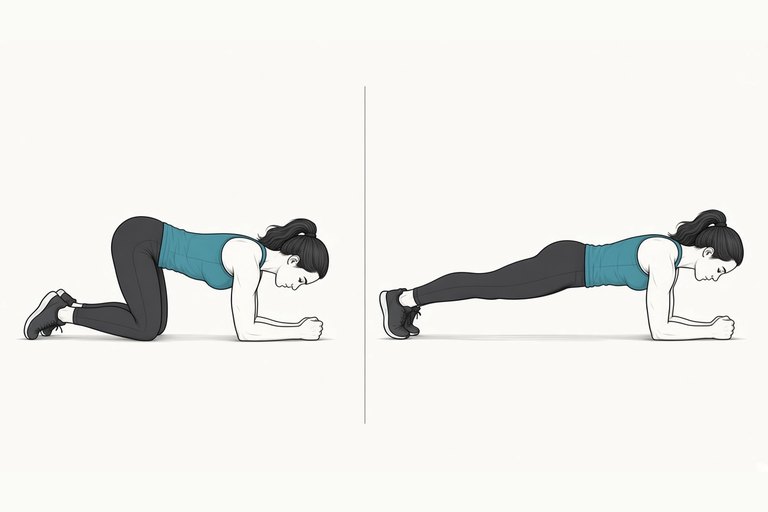 Forearm plank: setting up on the knees and forearms (left) and the plank hold (right).