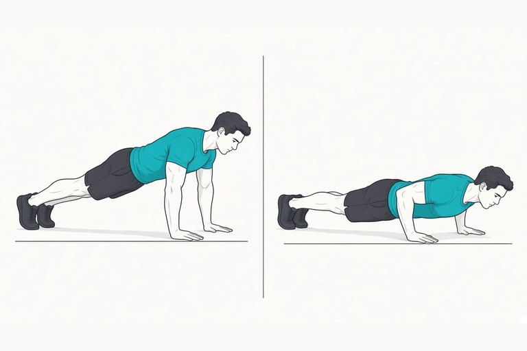 Push-up: top position, arms straight (left) and chest lowered towards the floor (right).