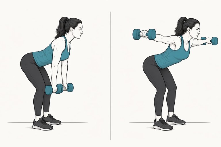 Rear delt fly, hinged forward: arms hanging (left) and arms raised out to the sides (right).