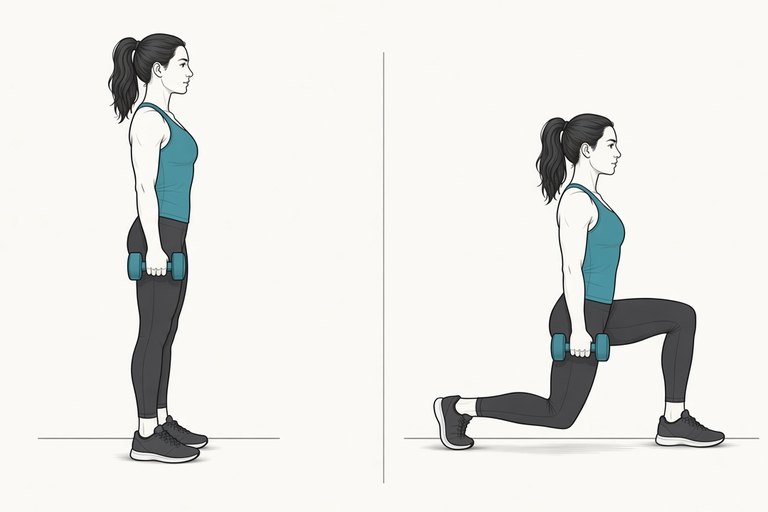 Reverse lunge with dumbbells: standing tall (left) and stepped back into the lunge (right).