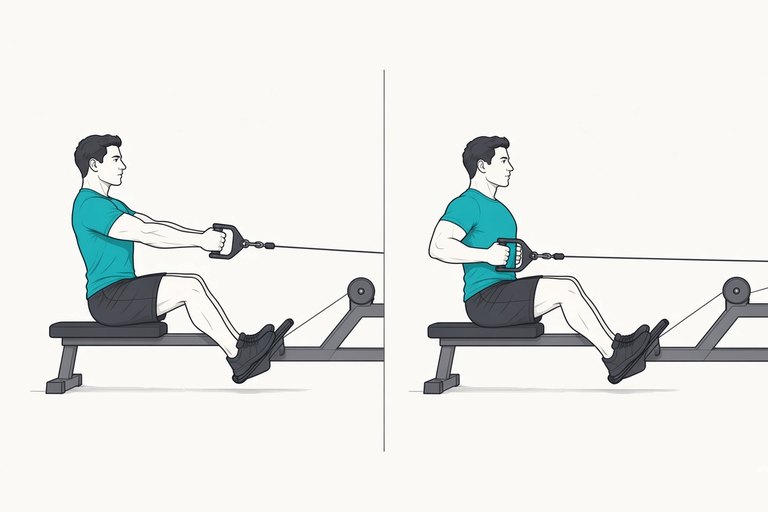 Seated cable row: arms reaching forward (left) and handle pulled to the lower ribs (right).