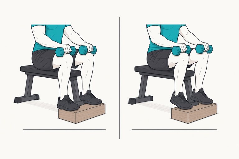 Seated calf raise, dumbbells on the knees and the balls of the feet on a block: heels down (left) and heels lifted (right).