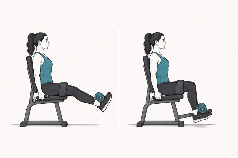 Seated leg curl machine: legs out straight, pad behind the ankles (left) and knees bent (right).