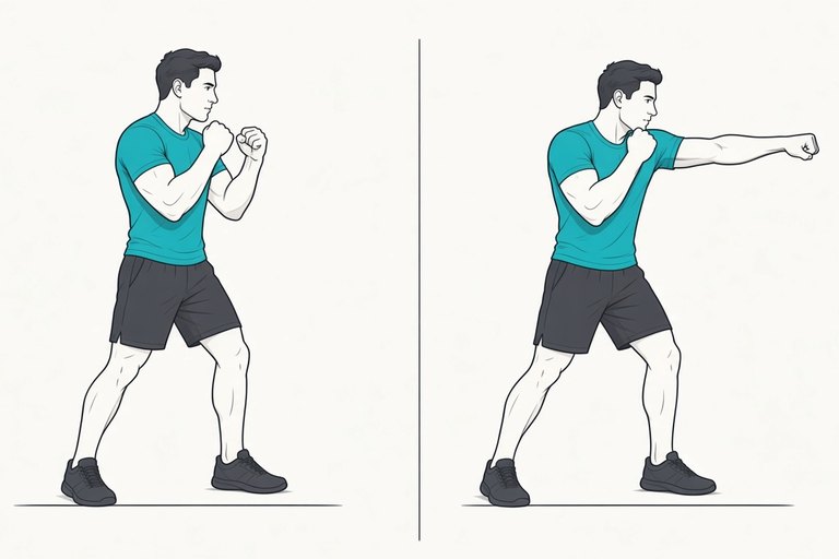 Shadow boxing: guard up (left) and throwing a straight punch (right).