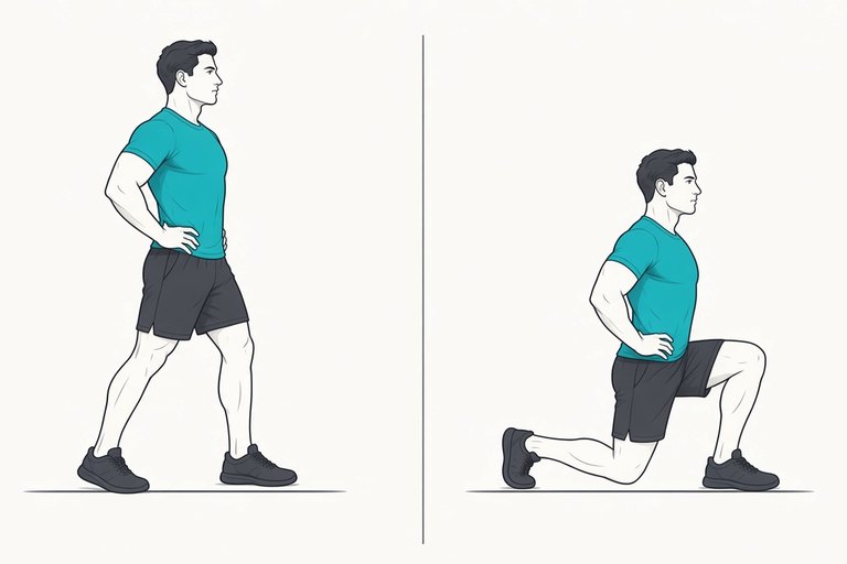 Split squat: standing in a split stance (left) and lowered, back knee near the floor (right).